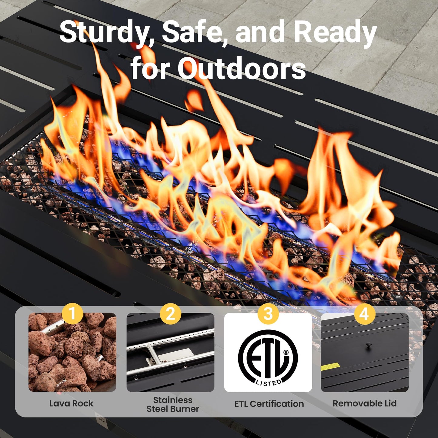 FansaFurn 43” Outdoor Propane Fire Table Set with Heavy-Duty Glass Stones, Glass Wind Guard, Lid & Water-Resistant Cover, 50,000 BTU Metal Fire Pit Table, Rectangle Fire Pit Table for Patio, Deck