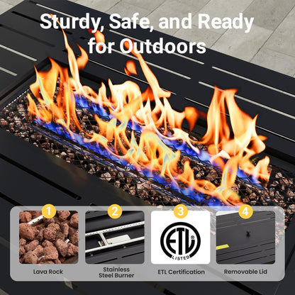 FansaFurn 43” Outdoor Propane Fire Table Set with Heavy-Duty Glass Stones, Glass Wind Guard, Lid & Water-Resistant Cover, 50,000 BTU Metal Fire Pit Table, Rectangle Fire Pit Table for Patio, Deck
