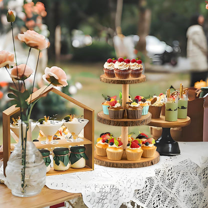 Gusnilo Rustic 3-Tier Wooden Cupcake Stand & Cake Tower – Natural Paulownia Wood Tiered Display for Weddings, Parties, Baby Showers, Holidays (Farmhouse Décor, Handcrafted Bark Design)