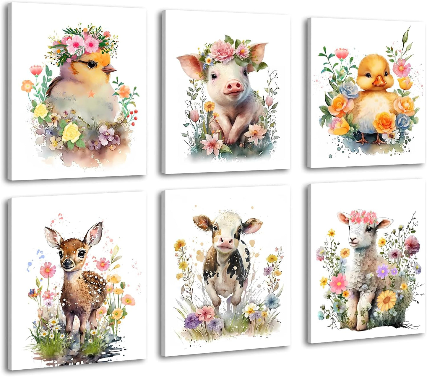 LNLAGBO Decor,Set 6(8"X10") Framed Baby Watercolor Farm Animals Nursery Wall Art Prints,Cute Baby Animal Nursery Farm