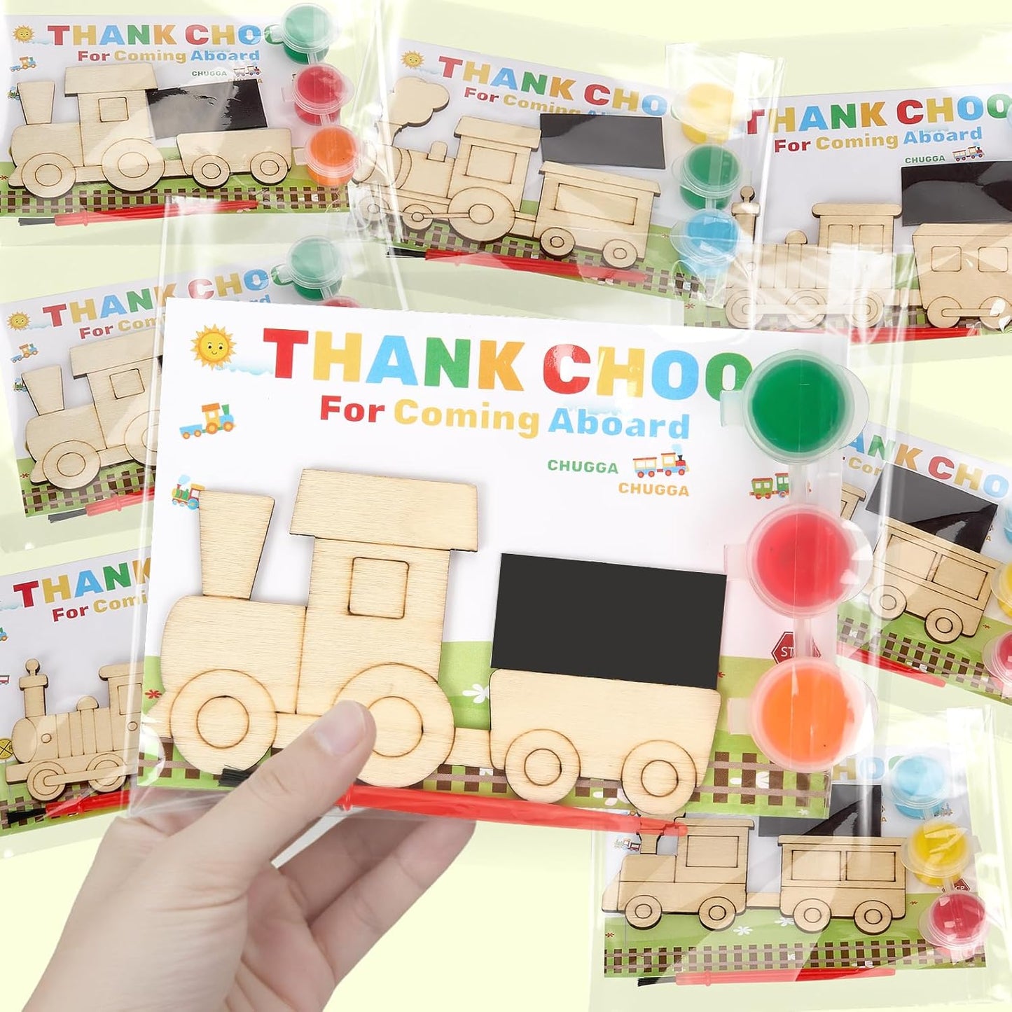 24 Set Train Party Favors, Train Birthday Party Supplies, Wood Trains Painting Crafts Kits, Magnets with Card