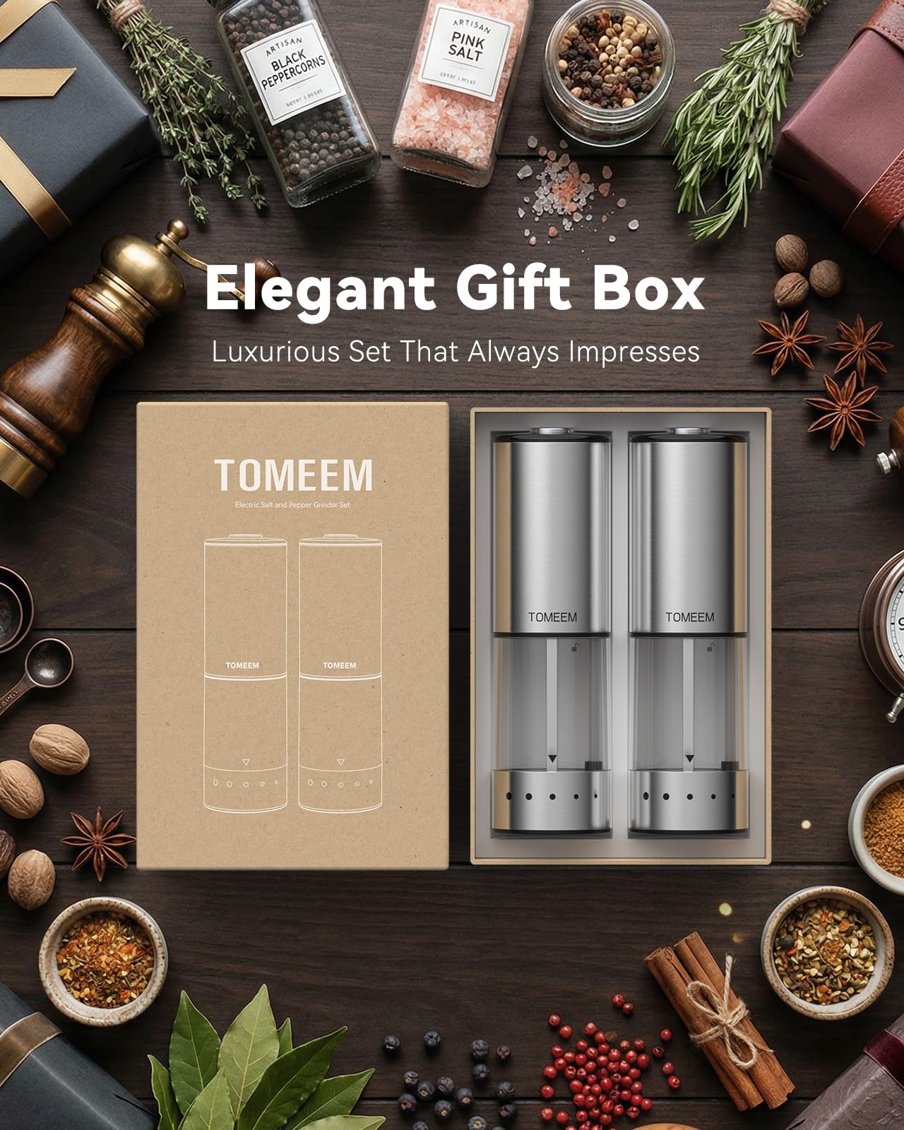 TOMEEM Rechargeable Electric Salt and Pepper Grinder Set, 115ml Large Capacity Stainless Steel Automatic Pepper Mill with Storage Base, LED Display and Light, 5 Adjustable Grind Settings