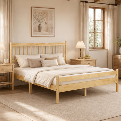 KEIKI Queen Size Bedframe with Headboard and Footboard, Pinewood Bed with Strengthened Bed Frame for Living Room, Bed Room, Natural