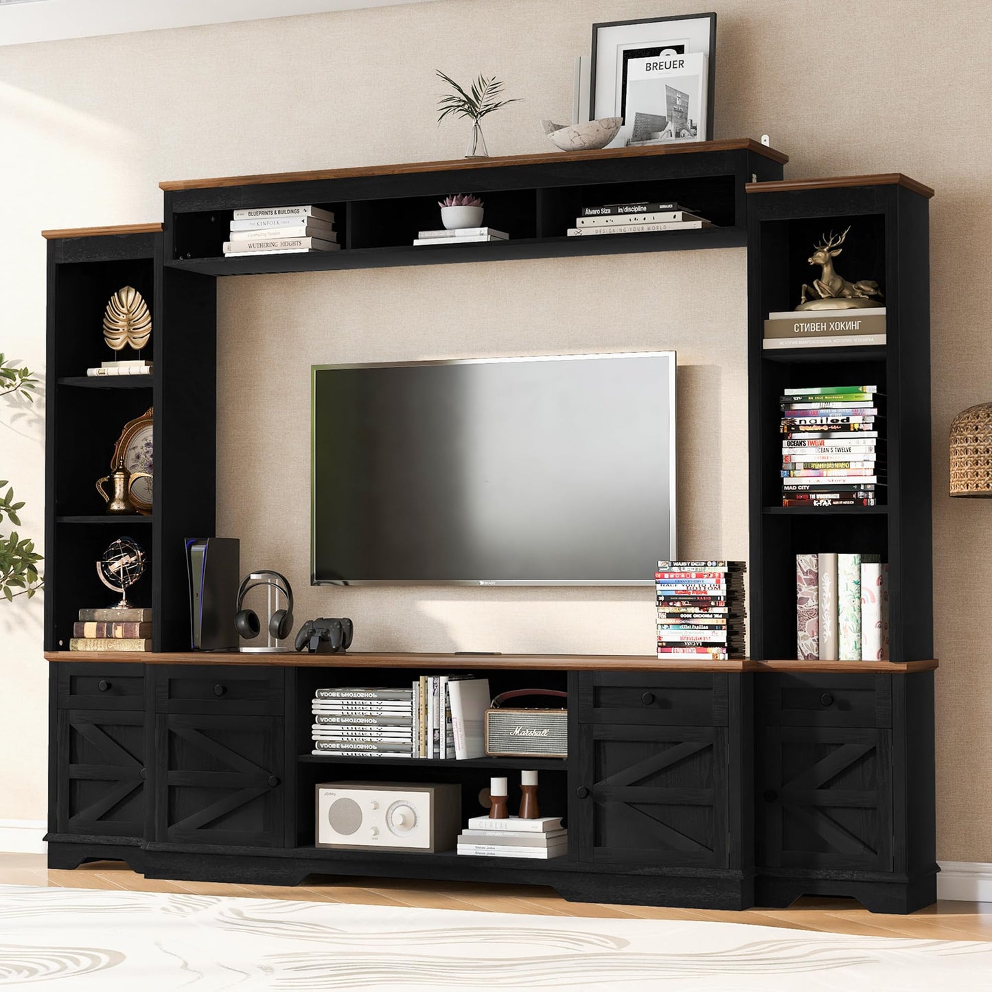 Merax 98.8" W Black Entertainment Center with Bookshelves for Living Room, Wooden Wall Unit TV Stand with Storage for TVs up to 80", Media Console with Drawers, Outlets, Cabinets & Adjustable Shelves