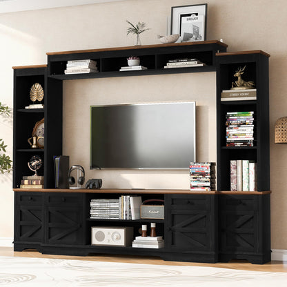 Merax 98.8" W Black Entertainment Center with Bookshelves for Living Room, Wooden Wall Unit TV Stand with Storage for TVs up to 80", Media Console with Drawers, Outlets, Cabinets & Adjustable Shelves