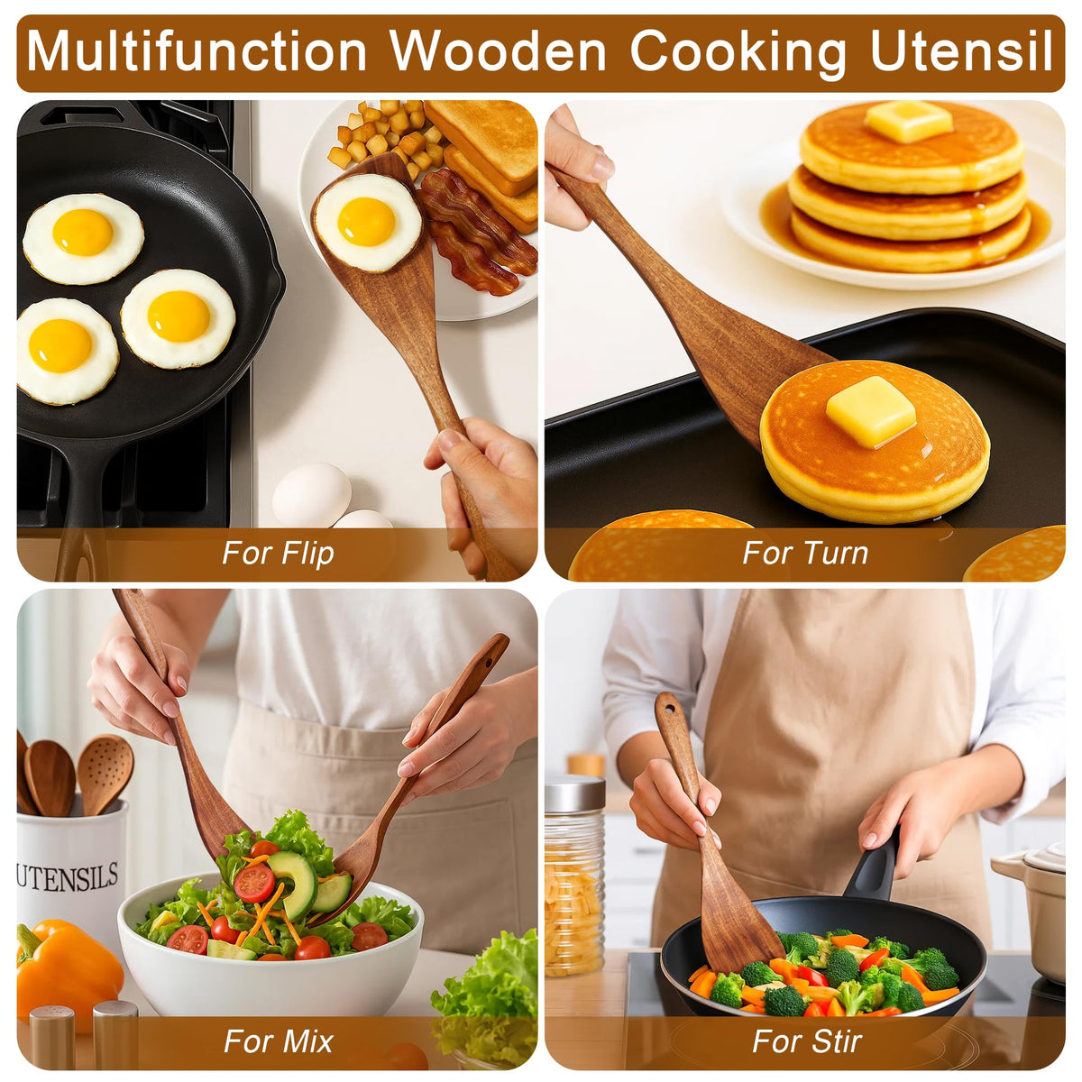 Jilla-hla Wooden Spatula Nonstick Turner Acacia Wood, Right Long Handle Flat Frying Spatulas Handmade for Mother Wife Grandma Her Kitchen Gift, Ideal Cookware Utensils for Cooking Eggs, Fish, Pancakes
