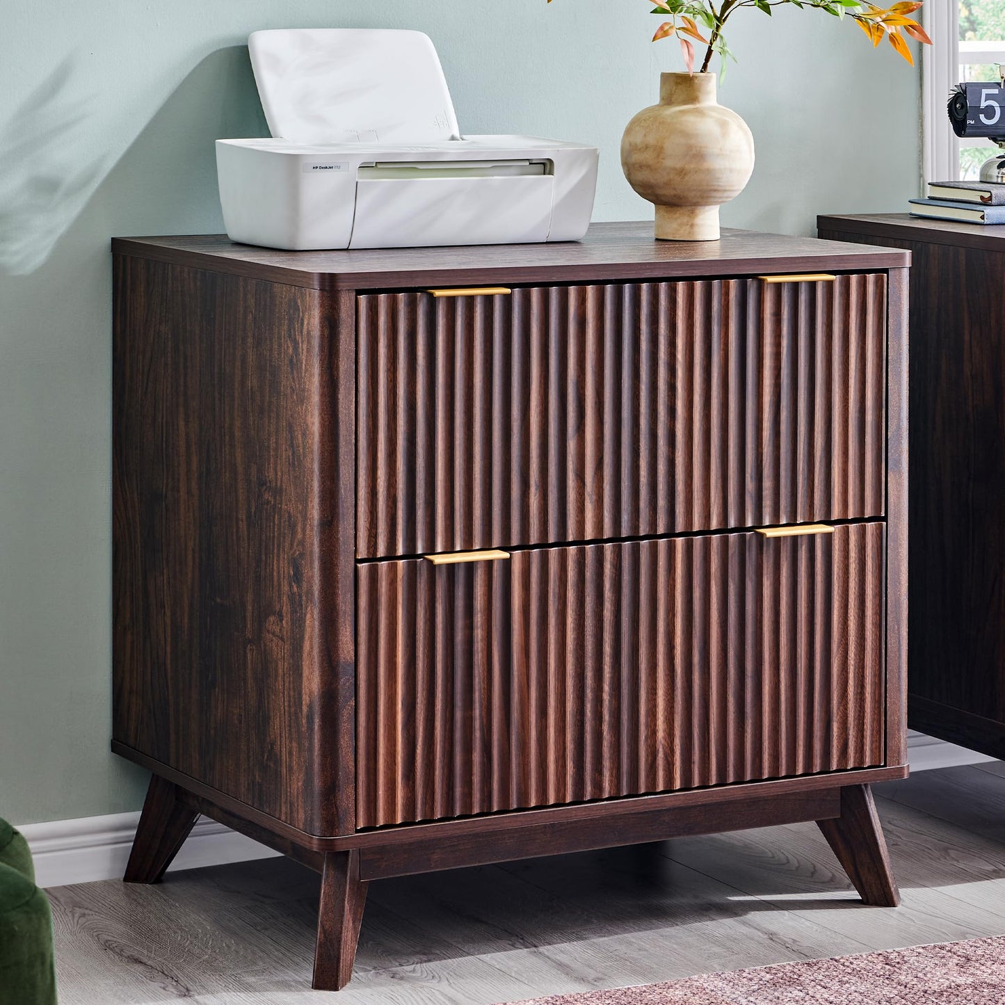 T4TREAM 2 Drawer File Cabinet, 32" Fluted Lateral File Cabinet w/Files Hanging Rod for Letter/Legal/A4, Large Tabletop for Printer, Office Wood Printer Cabinets, Dark Walnut (Gen 2)