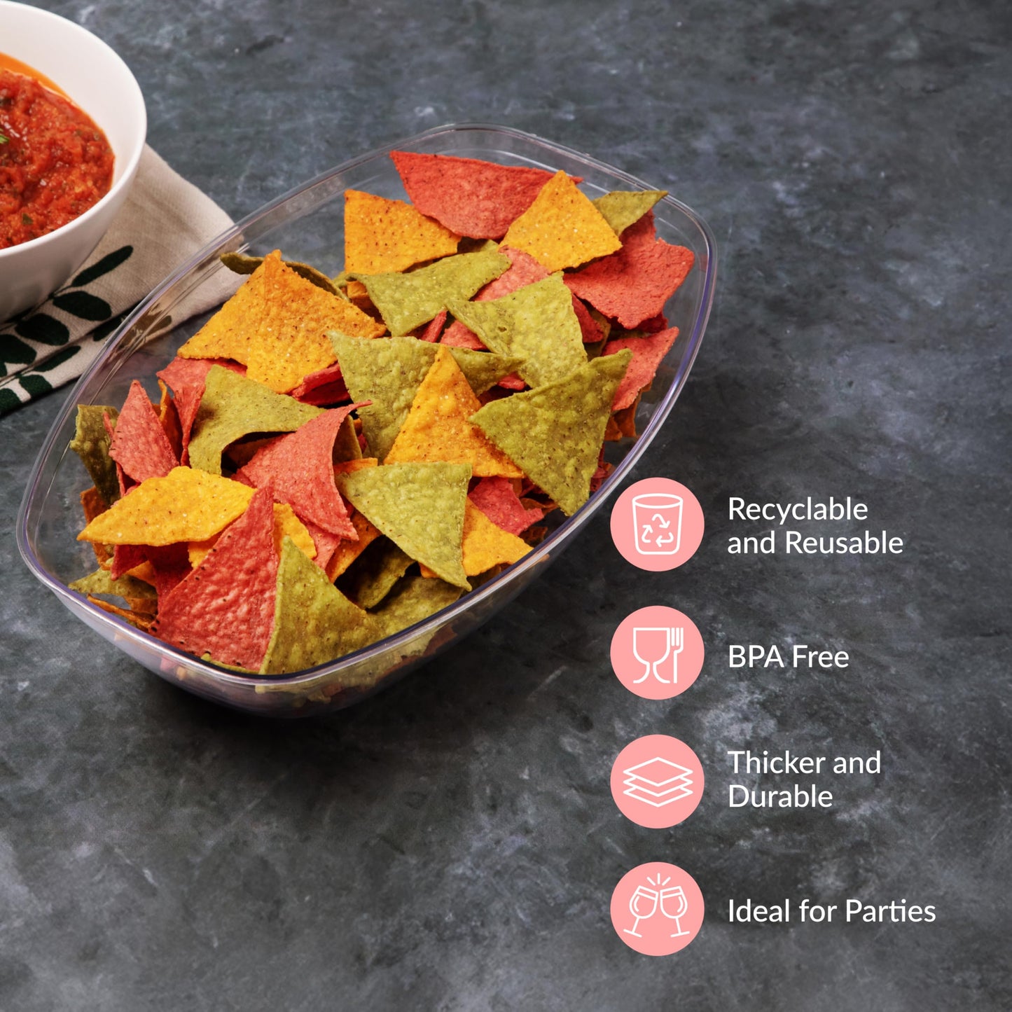 Prestee 12 Pack Clear Oval Plastic Serving Bowls (64 Oz) - Disposable Dishes, Taco Bar Serve Set, Chip Bowls for Parties, Snack/Salad Containers, Candy/Party Bowl for Serving Food