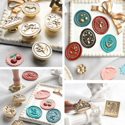 Wax Seal Electric Kit with 24 Colors Wax Seal Beads 600pcs, 3pcs (Cherry/Heart Crown/Lily of the valley) Stamps with Electric Warmer Set for Sealing Invitation, Christmas, Gift Wrapping (3D Stamp Kit)