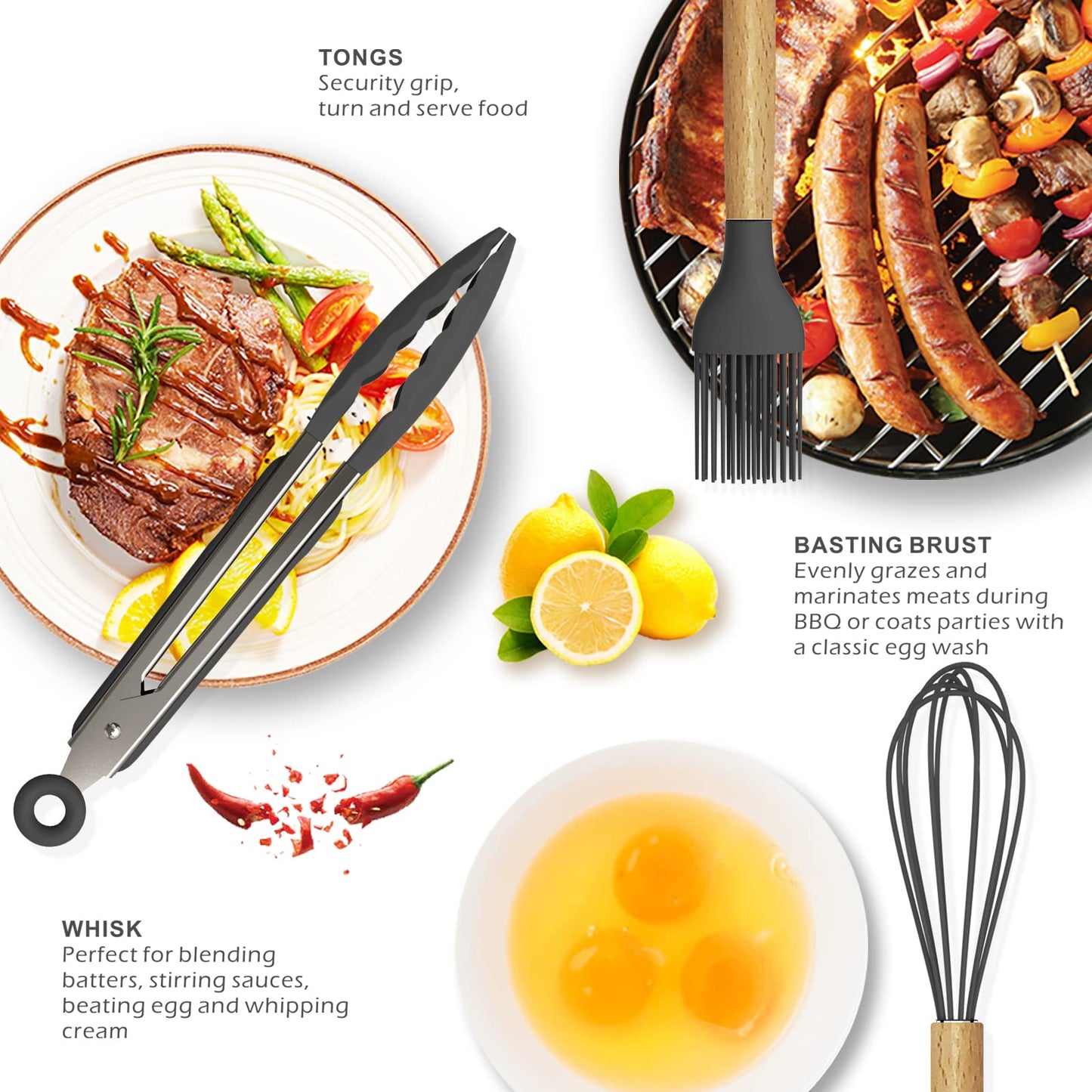 oannao Silicone Cooking Utensils Kitchen Utensil Set - 446°F Heat Resistant Silicone Kitchen Utensils Set, Spatula,Turner Tongs, Spoon, Whisk,Kitchen Gadgets for Nonstick Cookware, BPA Free (Gray)