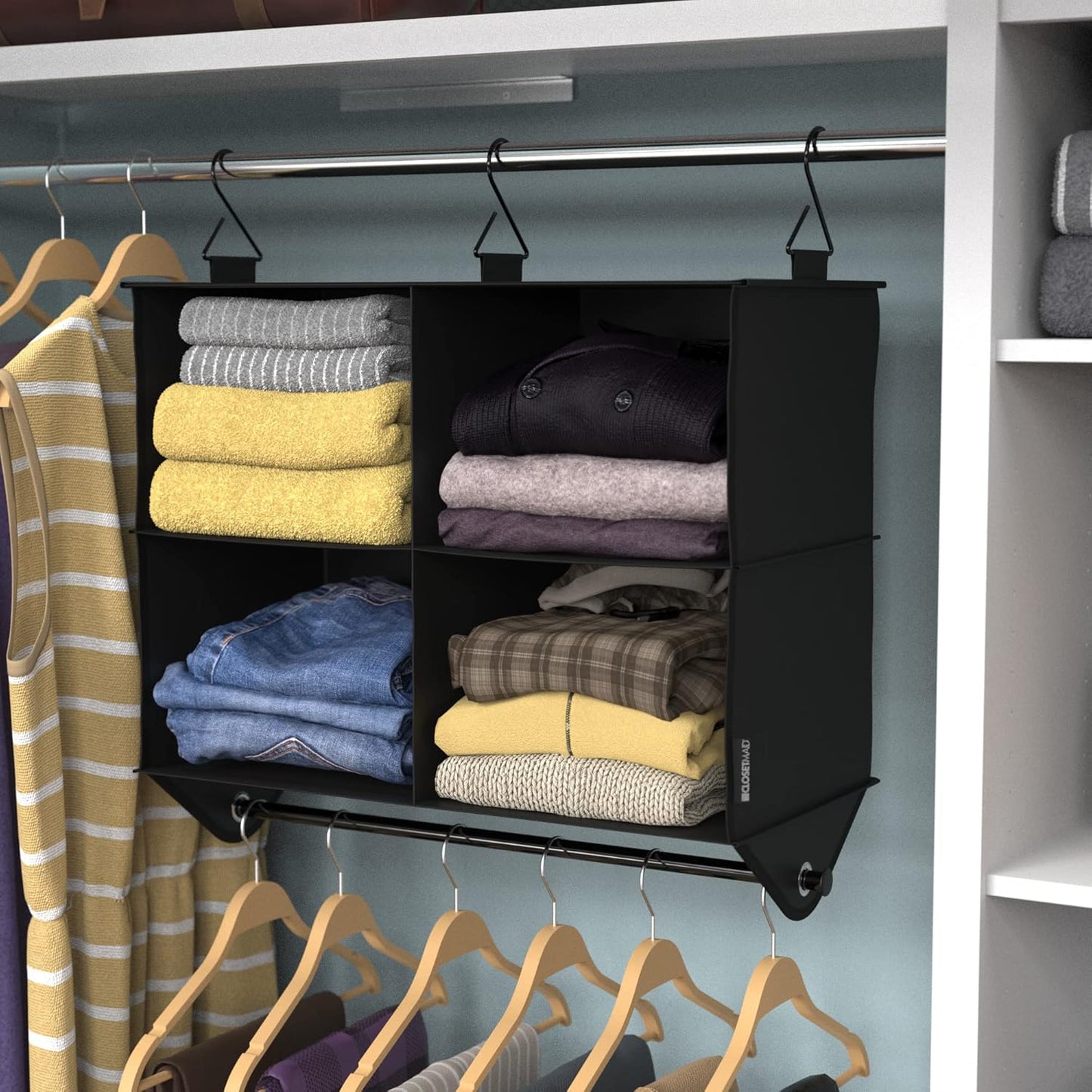 ClosetMaid 4-Shelf Closet Fabric Hanging Organizer with Garment Rod for Shirts, Sweaters, Pants, Hats, Shoes, Purses