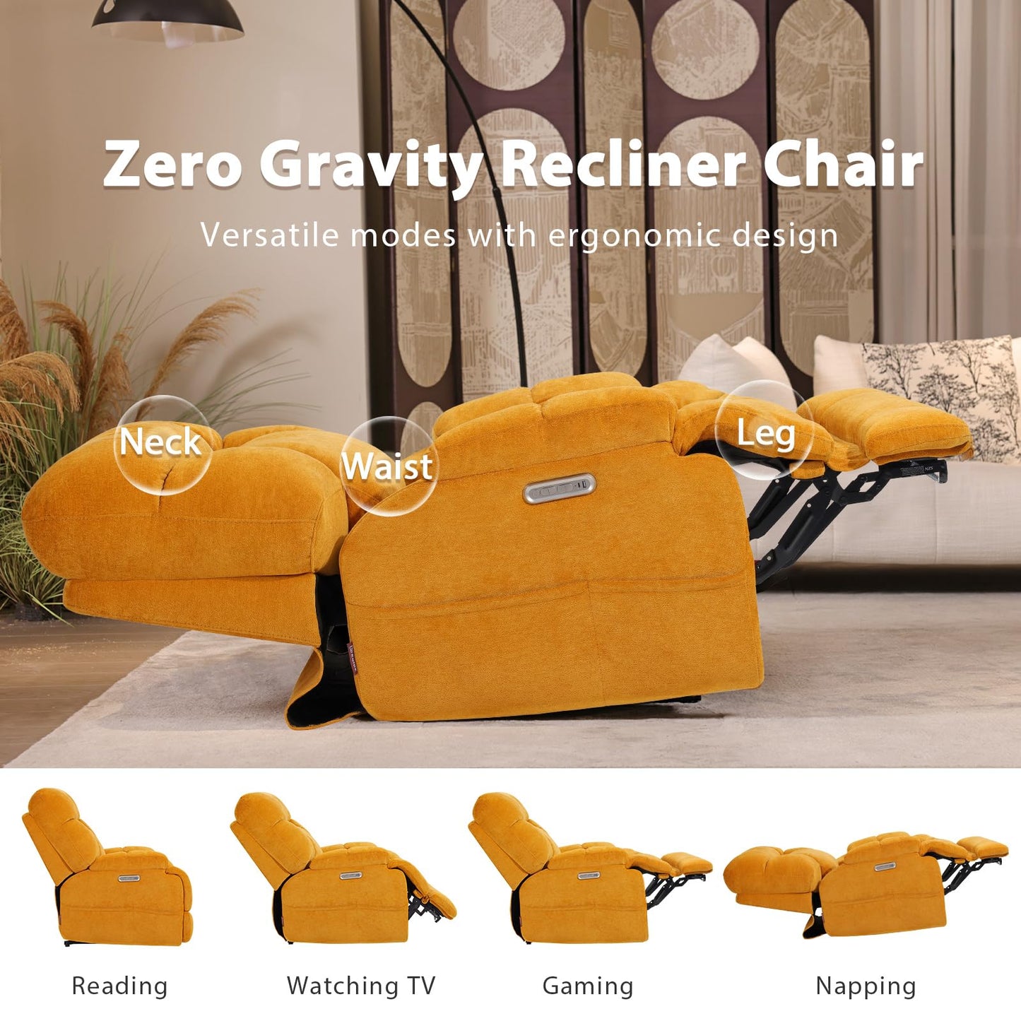 EONIX Dual Motor Zero Gravity Power Recliner Chair with Heat and Massage, 400lbs Lay Flat Recliner Sofa Chair with Extended Footrest, Cozy Padding and Cushion, SXXY007032, Orange