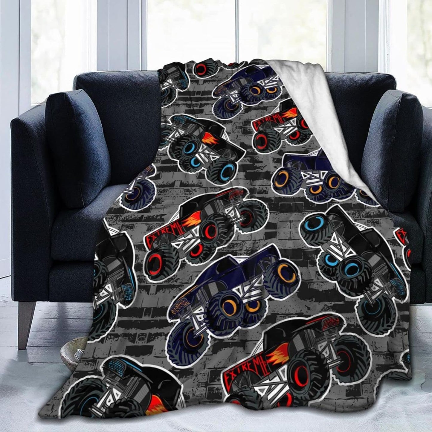 Perinsto 60"X50" Monster Truck Boys Style Throw Blanket Ultra Soft Warm All Season Decorative Fleece Blankets for Bed