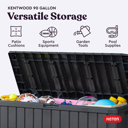 Keter Kentwood 92 Gallon Resin Deck Box-Organization and Storage for Patio Furniture Outdoor Cushions, Throw Pillows, Garden Tools and Pool Floats, Dark Grey