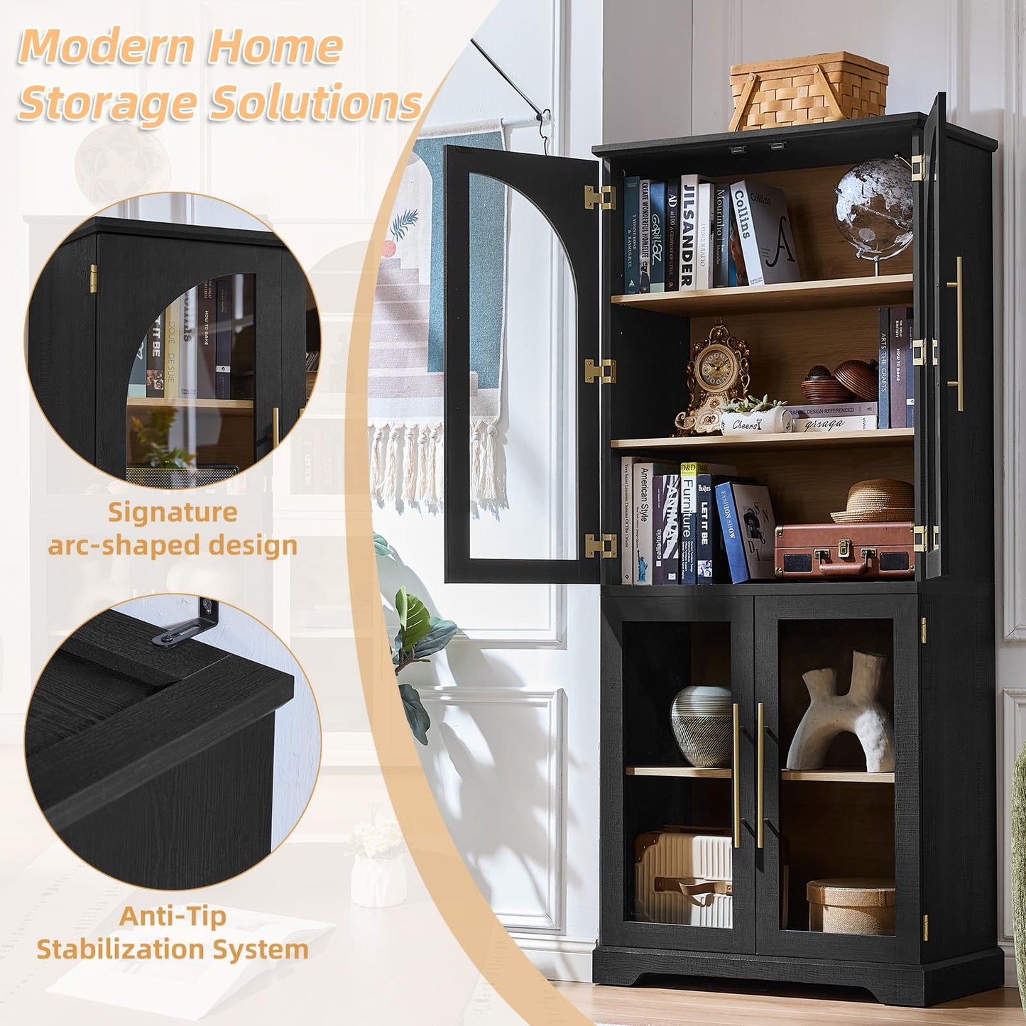 Joaxswe 72" Tall Bookshelf Set of 2, Farmhouse Bookcase with 3-Tier Adjustable Shelves, Modern Living Room Display Cabinet with Glass Doors, Large Storage Cabinet for Home Office,Dining Room, Black
