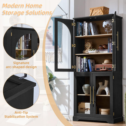Joaxswe 72" Tall Bookshelf Set of 2, Farmhouse Bookcase with 3-Tier Adjustable Shelves, Modern Living Room Display Cabinet with Glass Doors, Large Storage Cabinet for Home Office,Dining Room, Black