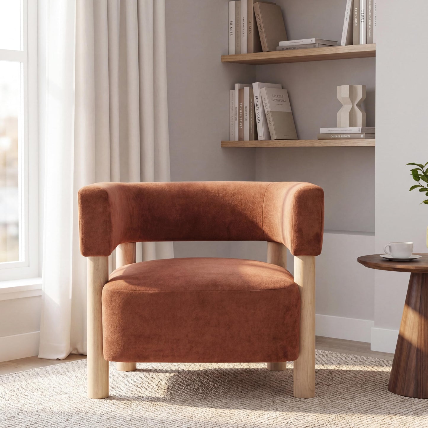 Christopher Knight Home Carly Low Profile Accent Chair, Boucle Upholstered Barrel Chair, Comfy Reading Chair for Bedroom, Wooden Single Lounge Sofa, Burnt Orange