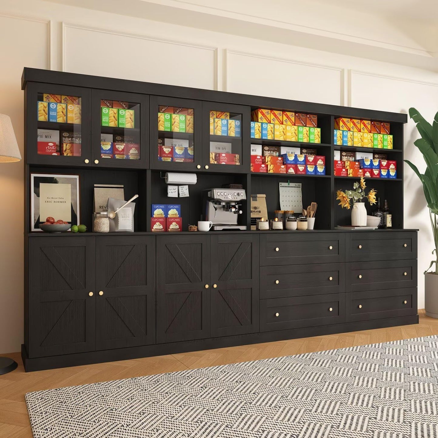 71" Black Farmhouse Kitchen Pantry Cabinet Set of 4— Freestanding Coffee Bar with Glass Doors or Drawers, Microwave Stand, Large Storage Hutch with Adjustable Shelves for Kitchen, Living Room