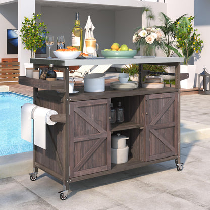 YOPTO Outdoor Kitchen Island Cart with Internal Storage Racks,Solid Wood Outdoor Grill Table W/Stainless Steel Top,4 Secure Locking Wheels,4 Hangers and Bottle Opener for Kitchen & BBQ,Dark Brown