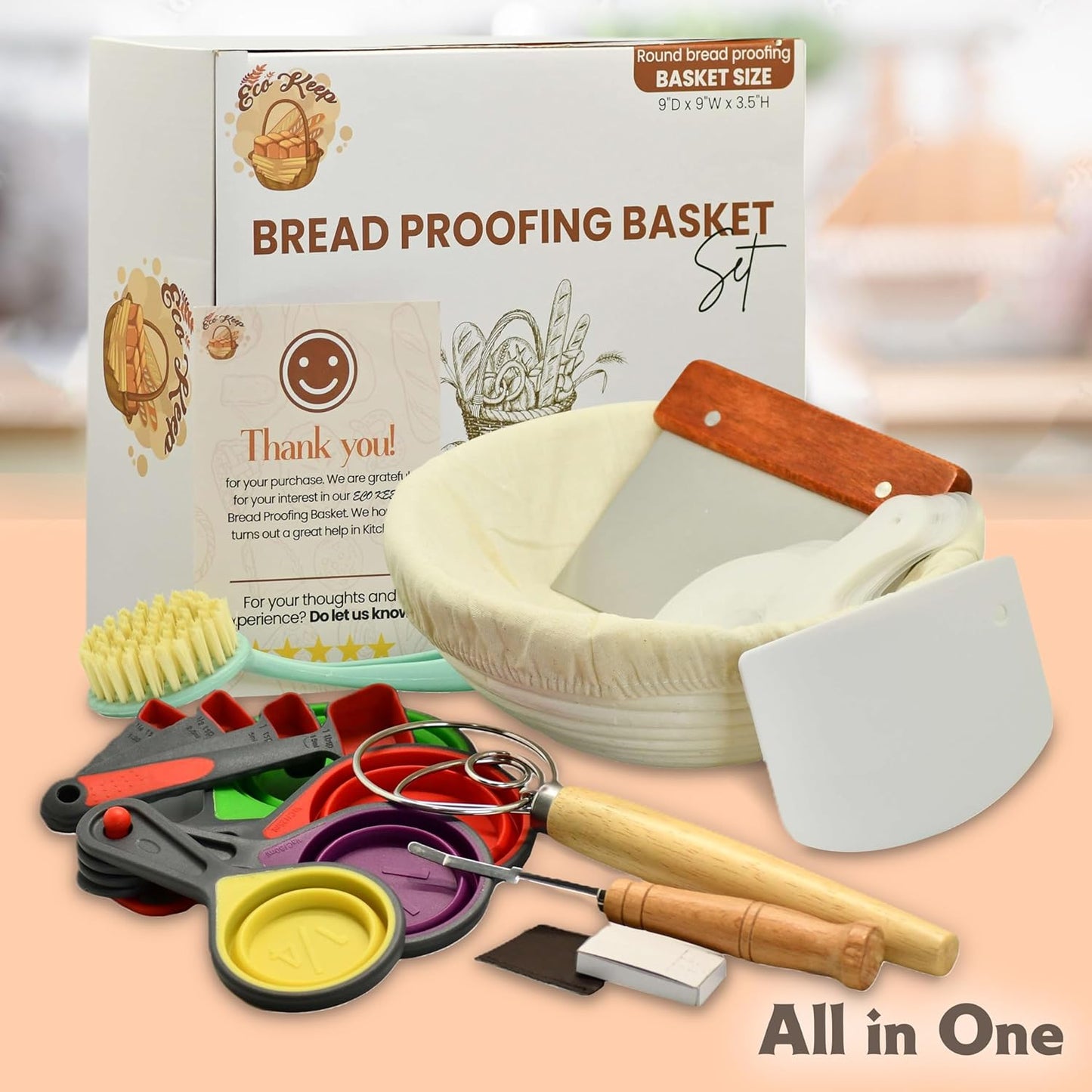 Bread Proofing Basket Set, 9 Inch Round Banneton with Scraper & Lame for Sourdough Bread Baking