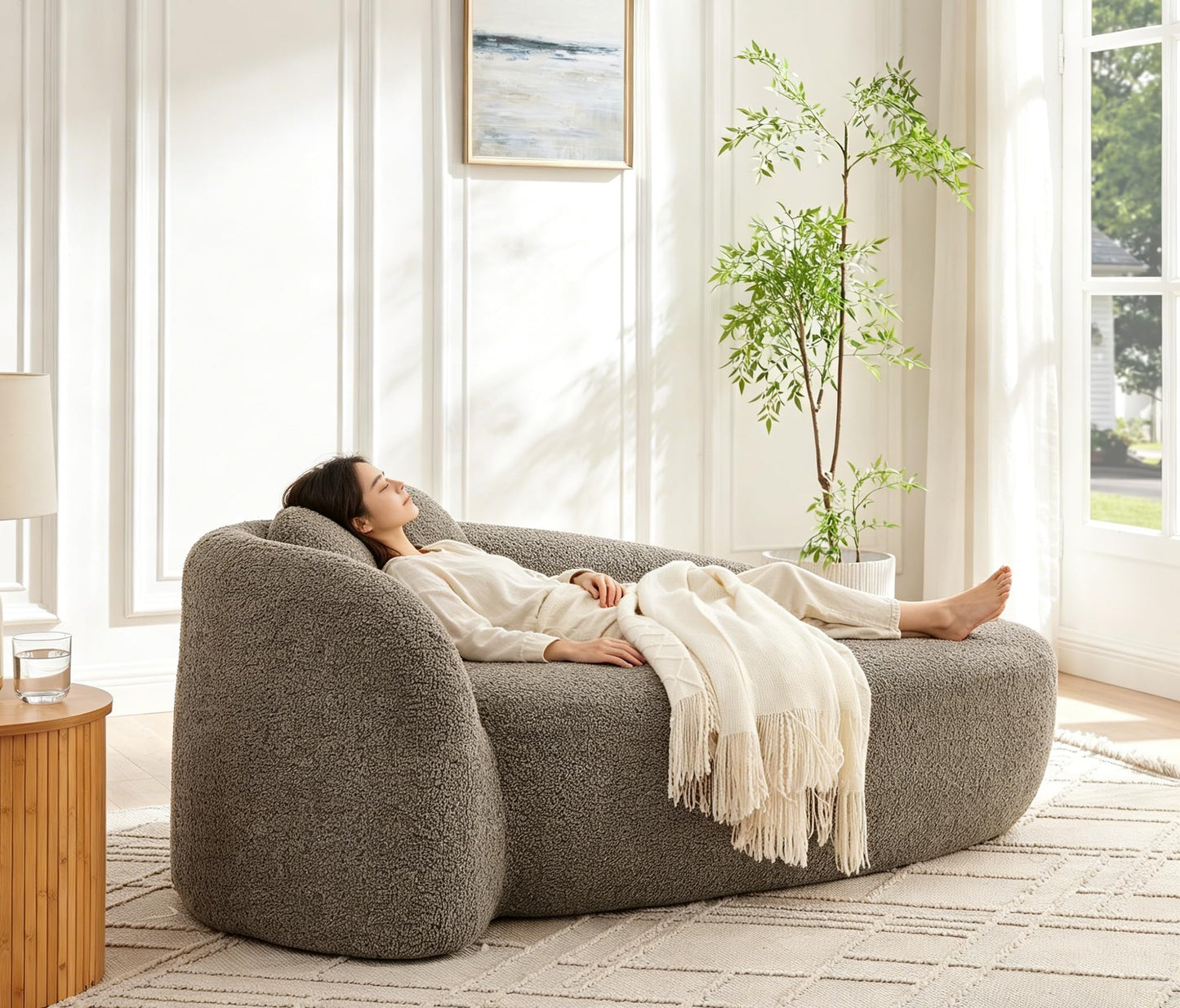 KEIKI 67" L Boucle Chaise Lounge Sofa Chair Indoor with Backrest, Armrest & Pillow, Oval Upholstered Single Lounger Sleeper Chair, Modern Reading Lazy Cloud Sofa Bed Recliner for Living Room Bedroom