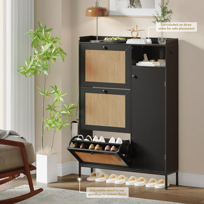 Shoe Storage Cabinet with 3 Flip-Down Doors, Rattan & Metal Frame Organizer, Adjustable Shelves, Narrow Freestanding Rack for Entryway Hallway, Tool-Free Assembly, Modern Farmhouse Decor, Black