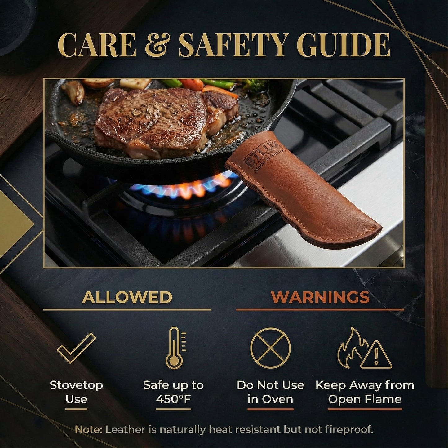 Proudly Made in Georgia from Full Grain Leather - Leather Cast Iron Handle Cover, Set of 2 - Heat Resistant Cast Iron Handle Sleeve for Skillets - Pot Holder for Hot Frying Pans, Pots