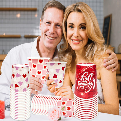 YQUQWN 50Pcs Valentine Paper Cups 9oz – 5 Heart Designs Disposable Valentine Cups Red Paper Party Drinkware for Coffee Juice Weddings Gatherings
