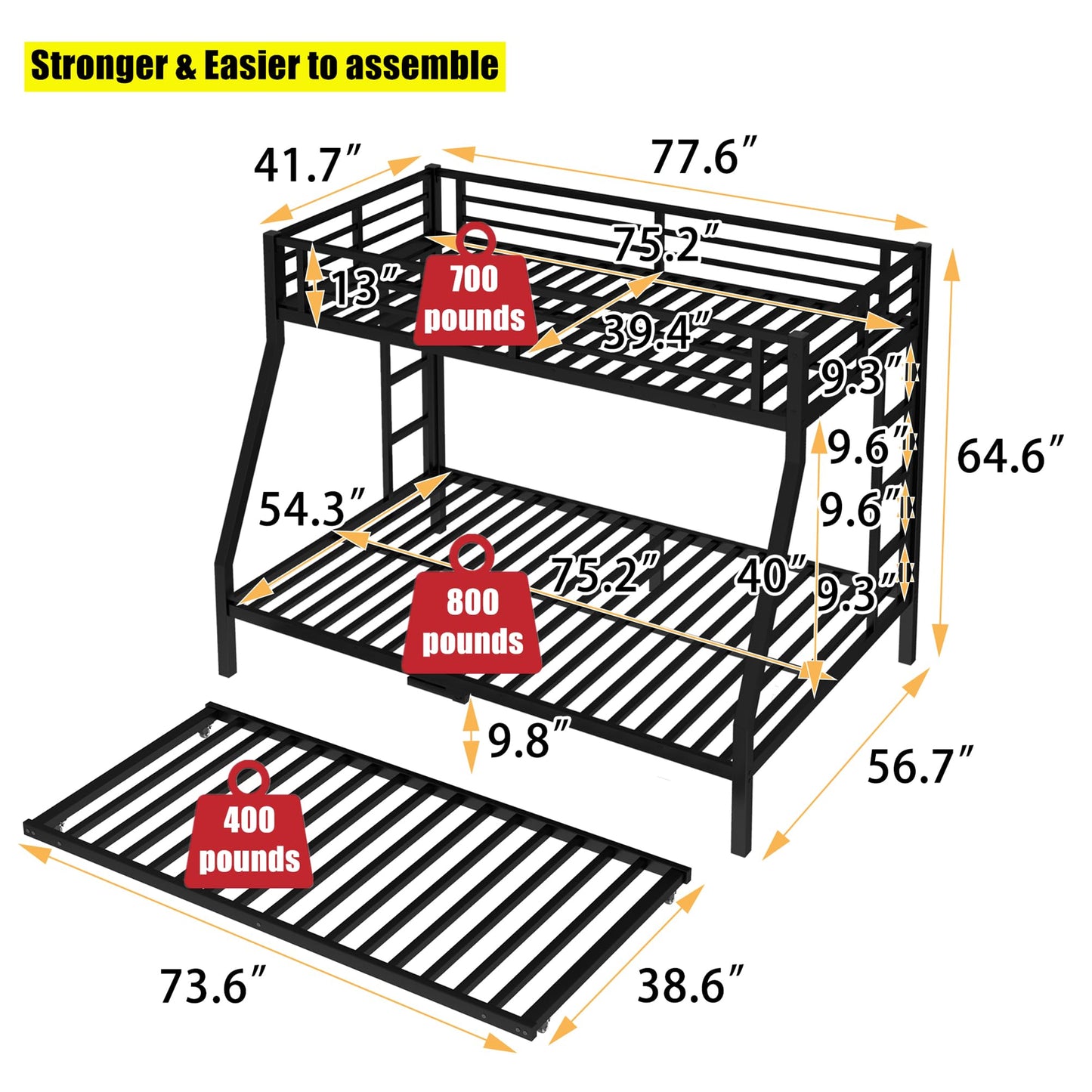 NOAHLEO Stronger & Safer Heavy Duty Metal Twin Over Full Bunk Bed with Twin Trundle for Adults Teens, More Stable Thickened Steel Bunkbed (Twin Over Full Bunk Bed with Twin Trundle)