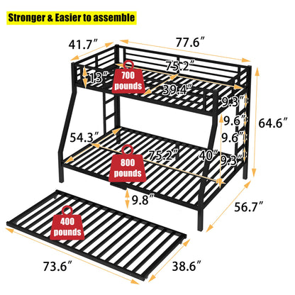 NOAHLEO Stronger & Safer Heavy Duty Metal Twin Over Full Bunk Bed with Twin Trundle for Adults Teens, More Stable Thickened Steel Bunkbed (Twin Over Full Bunk Bed with Twin Trundle)