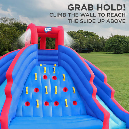 Sunny & Fun Ultra Climber Inflatable Water Slide Park – Heavy-Duty for Outdoor Fun - Climbing Wall, Two Slides & Splash Pool – Easy to Set Up & Inflate with Included Air Pump & Carrying Case
