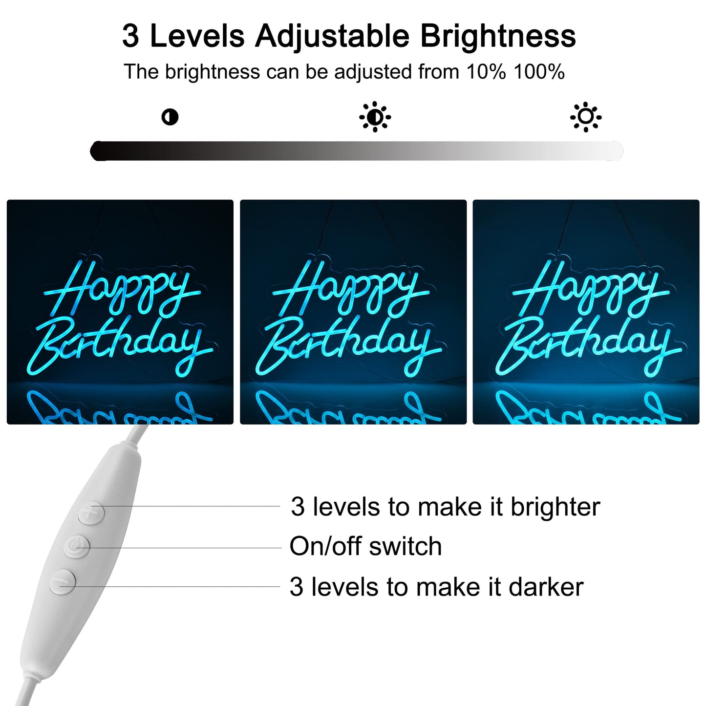 Happy Birthday Neon Sign for Wall Decor, with Dimmable Switch, Reusable Neon Light Sign for All Party Decoration(17X12inches,White)