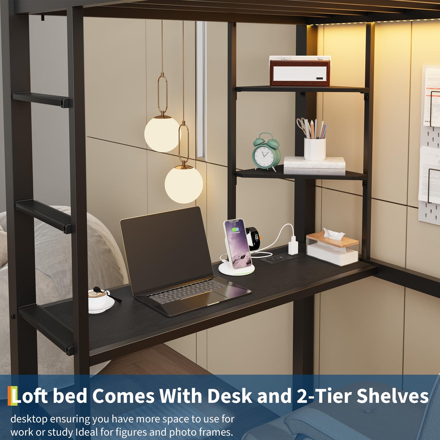 GarveeHome Loft Bed Twin Size with Desk, 4 Large Fabric Drawers and 2 Storage Shelves, Heavy Duty Metal Loft Bed with LED Lights & Charging Sation, Safety Guard & Ladder, No Box Spring Needed, Black