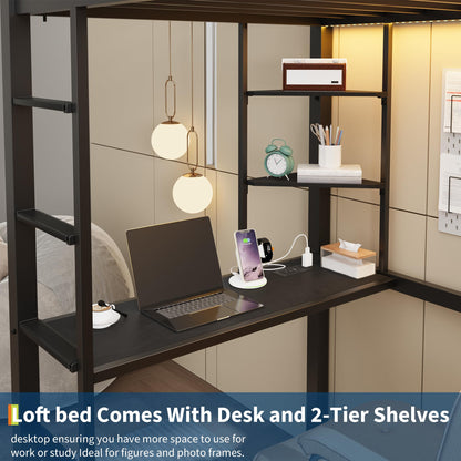 GarveeHome Loft Bed Twin Size with Desk, 4 Large Fabric Drawers and 2 Storage Shelves, Heavy Duty Metal Loft Bed with LED Lights & Charging Sation, Safety Guard & Ladder, No Box Spring Needed, Black