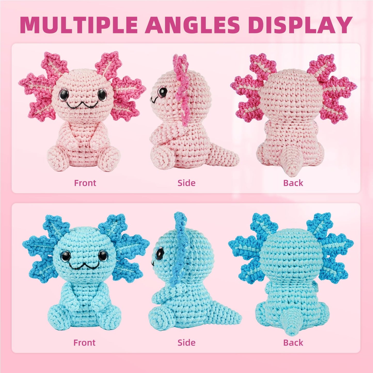 MOREJMTT Crochet Kit for Beginners, Crochet Animal Kits,Crocheting Kit for Starters with Step-by-Step Video Tutorials, Beginner Crochet Kits for Adults (2Pack Axolotl)