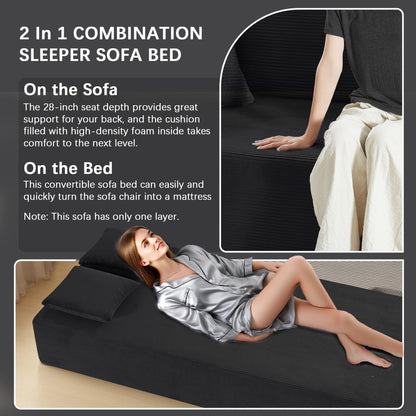 83" Modern Sofa in a Box, No Assembly Oversized 3 Seater 28" Deep Seat Cloud Sofa Bed Couch with 4 Furry Pillows & Corduroy Fabric, Boneless Couch with Side Storage Pockets for Living Room, Black