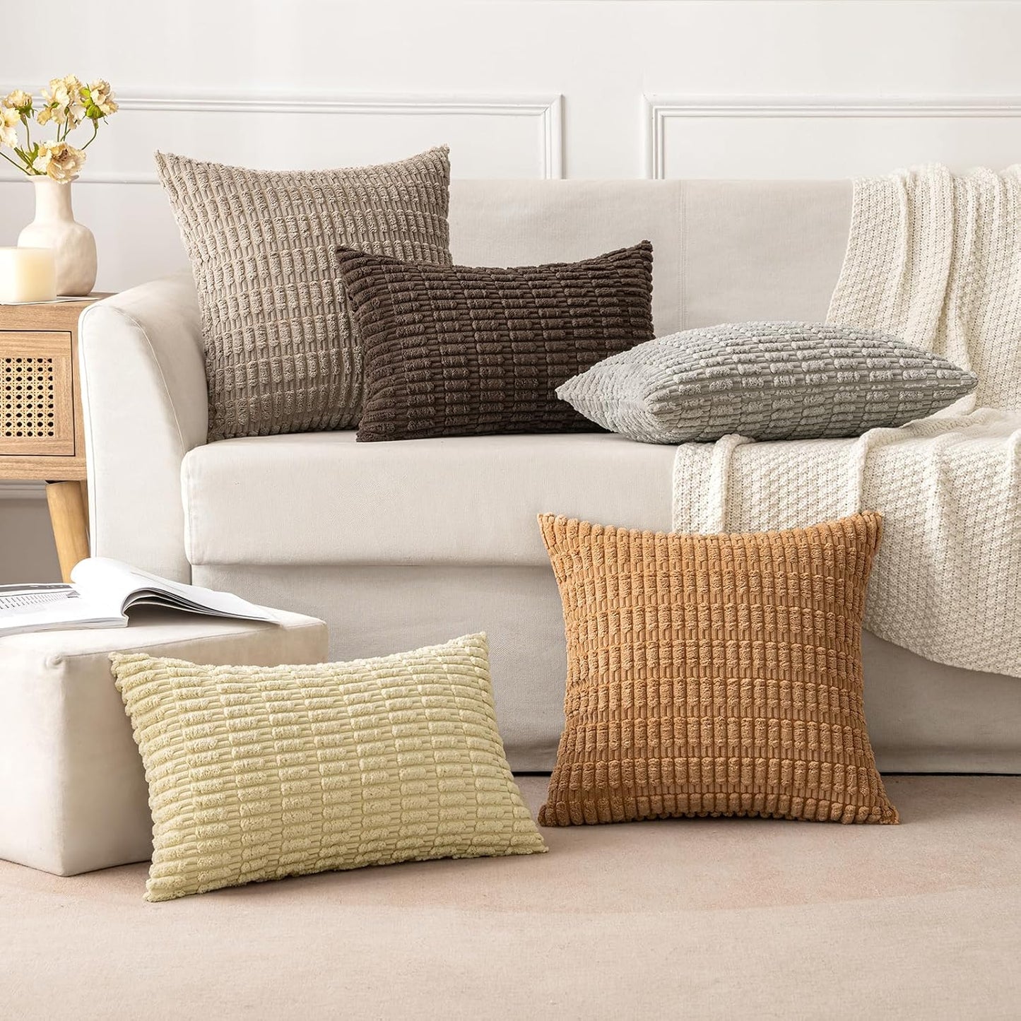 MIULEE Corduroy Throw Pillow Covers - Soft Boho Striped Design | 20x20 Inch, Brown, Perfect for Modern Farmhouse Decor