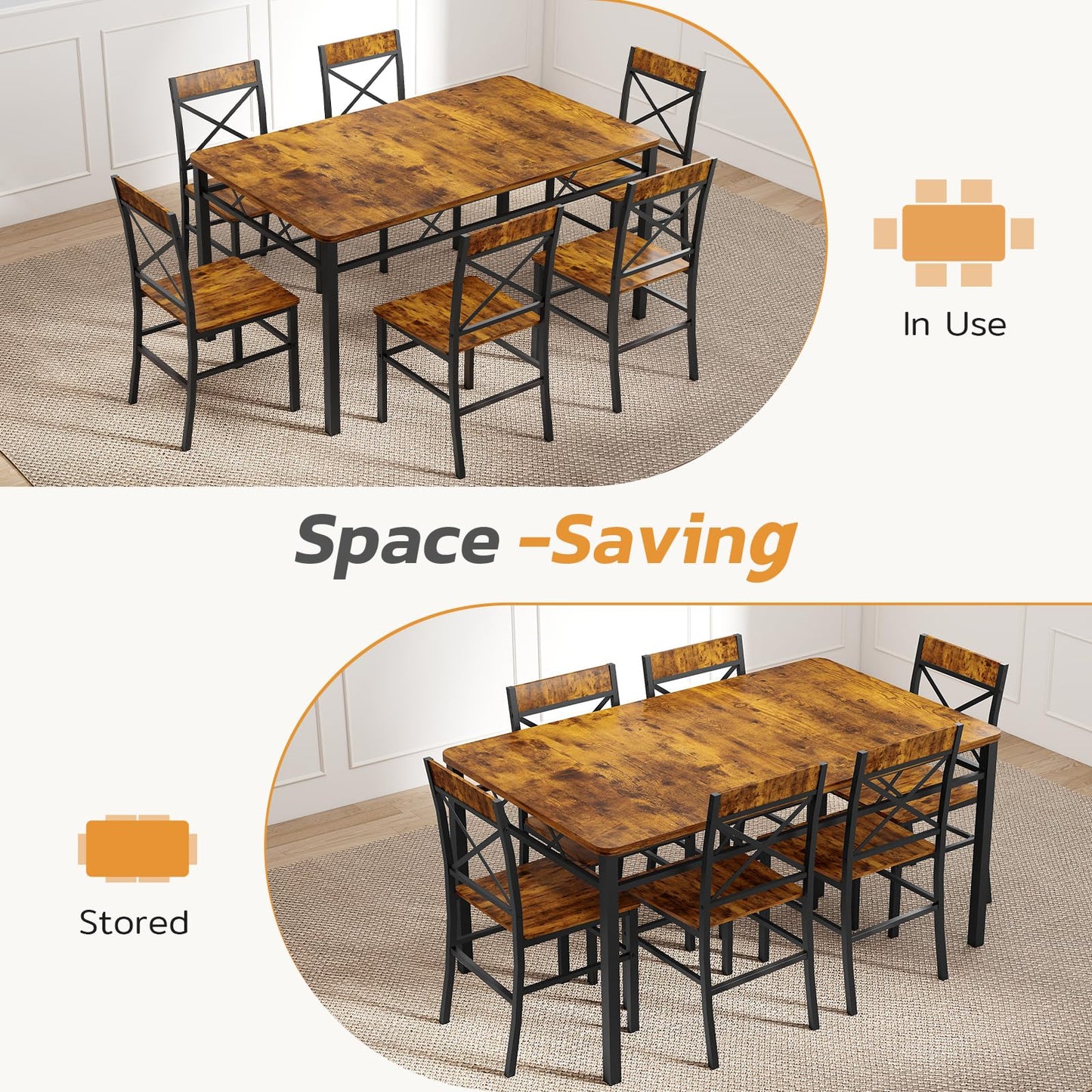 Zevemomo 7-Piece Dining Table Set, Kitchen Table Chairs Set of 6, Dining Room Sets for 6, Farmhouse Dining Table Set with 6 X-Shaped Curved Backrest Chairs, for Kitchen & Living Room-Rustic Brown