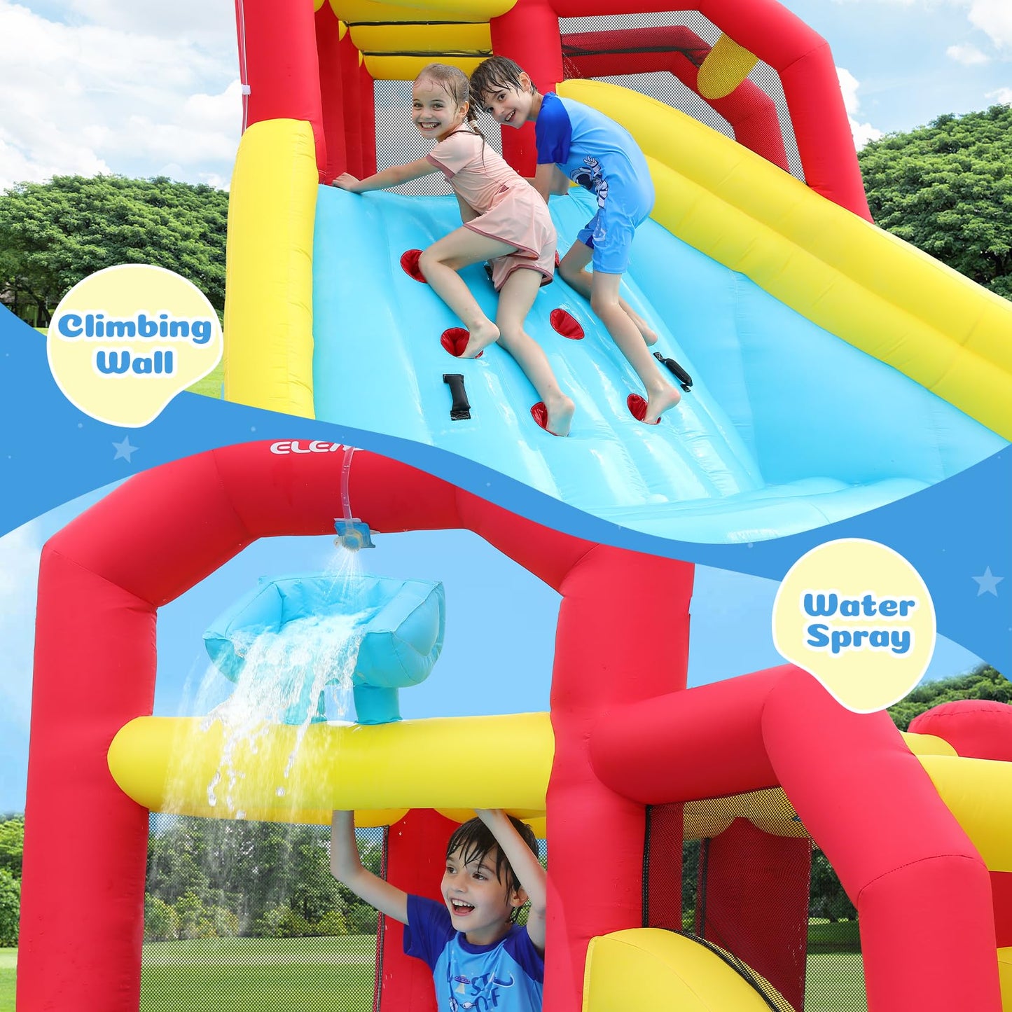 ELEMARA XL Inflatable Water Slide with 19ft Attachable Slip and Slide,Large 7 in 1 Blow Up Water Park,Bounce House for Backyard with 2 Slides,Climbing Wall,Deep Pool，Water Cannon,750W Blower for Kids