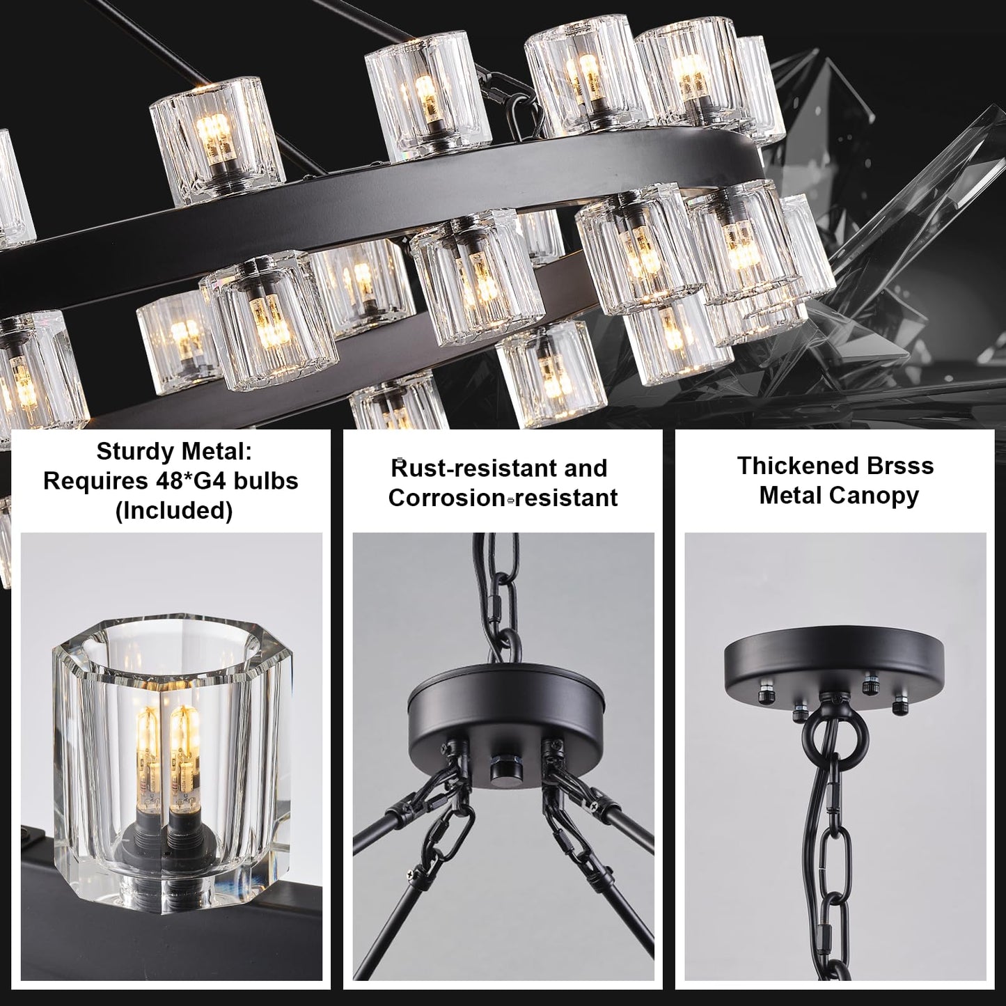 Plsintly 48 Inch Black Wagon Wheel Chandelier with Crystal Shade, Crystal Chandelier, Modern Farmhouse Style, Ideal for Dining Room, Kitchen, Entryways,48 Lights (Bulbs Included)