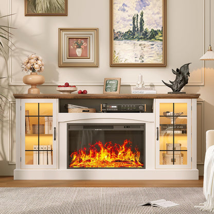 OneBlis 2-in-1 Multifunctional Fireplace TV Stand with 30" Removable Electric Fireplace, 70" Farmhouse Entertainment Center, Media Console Table with Large Storage Cabinets, for Living Room, White