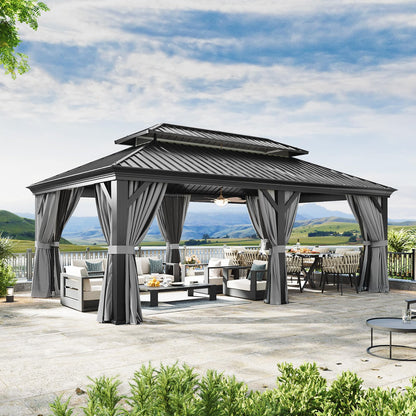 Aoxun 12' X 20' Hardtop Gazebo with Drainage System, Aluminum Outdoor Gazebo with Galvanized Steel Double Roof, Patio Permanent Metal Pavilion with Netting, for Garden, Deck, Grey