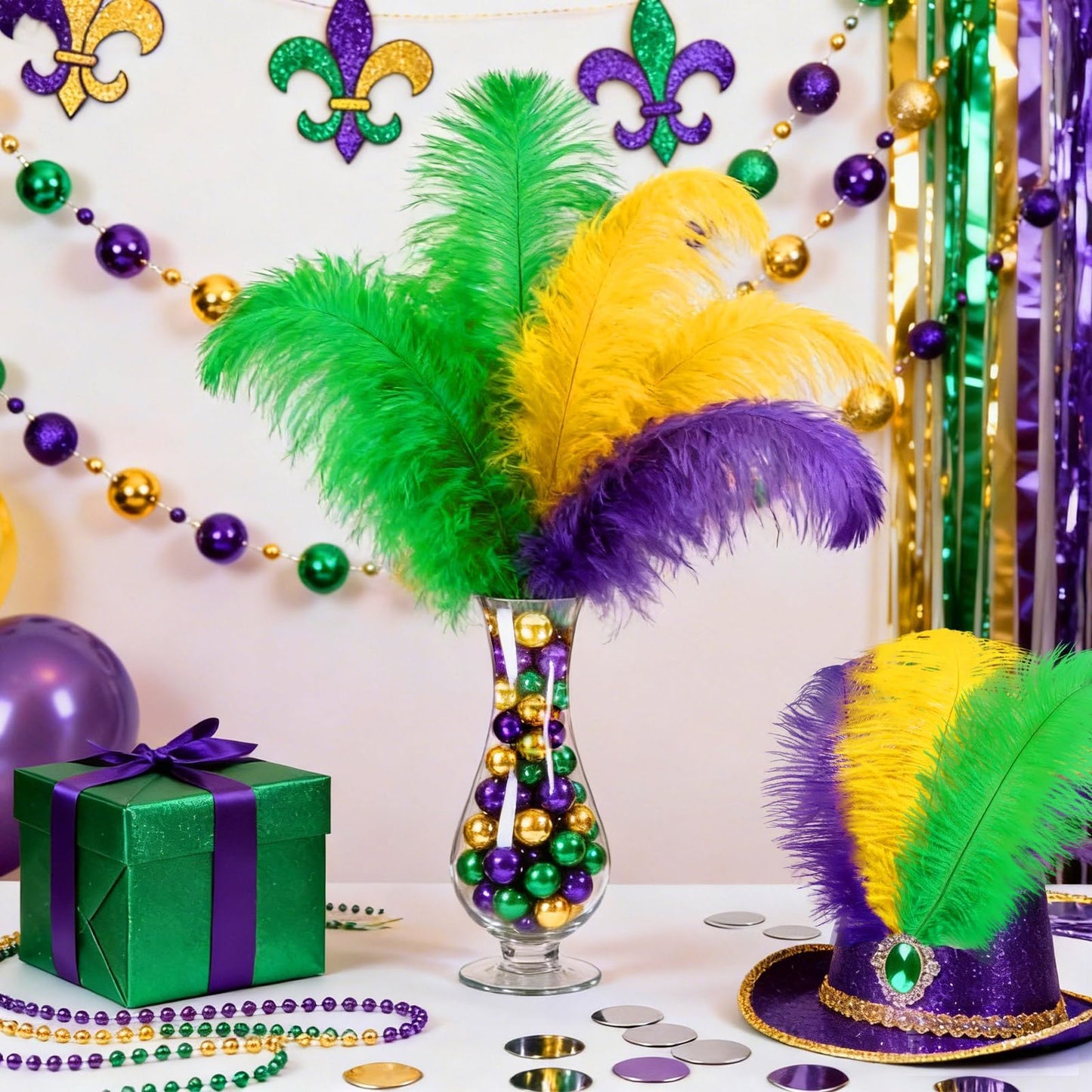 MARFOREVER 24 Pcs Mardi Gras Feathers for Crafts 10-12 Inches Natural Green Gold Purple Feathers for DIY Craft Dream Catcher Carnival Costume Mardi Gras Party Decorations Supplies