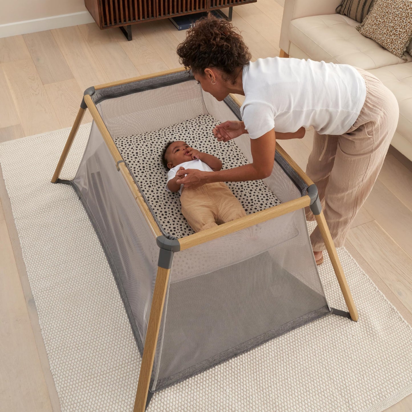 Tutti Bambini CoZee® Go 3-in-1 Foldable Baby Playpen, Portable Bassinet & Travel Crib | Playard with Mattress Included | Birth to 3 Years (Oak & Charcoal)