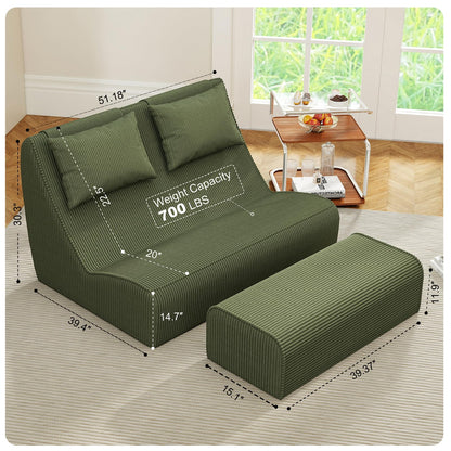 Giant Bean Bag Chair for Adults - Indoor Chaise Lounge with Pillows & Ottomans, Upholstered Loveseat Floor Sofa Chair for Reading, Gaming, Napping, and Movies (Olive Green)