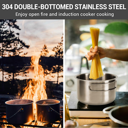 KingCamp Camping Cookware Set, 304 Stainless Steel Campfire Cooking Pots Pan and Kettle with Travel Tote Bag for Camping Outdoor Kitchen Cooking Picnic for 4-6
