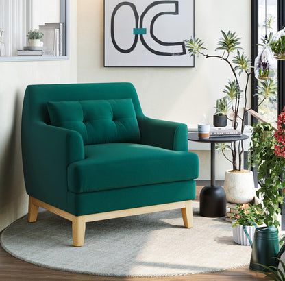 LINSY Accent Lounge Chair, Large Velvet Reading Chair with Wood Base and Lumbar Pillow, Mid Century Modern Armchair Cozy Single Sofa for Reading Room Living Room Bedroom Apartment Office, Green