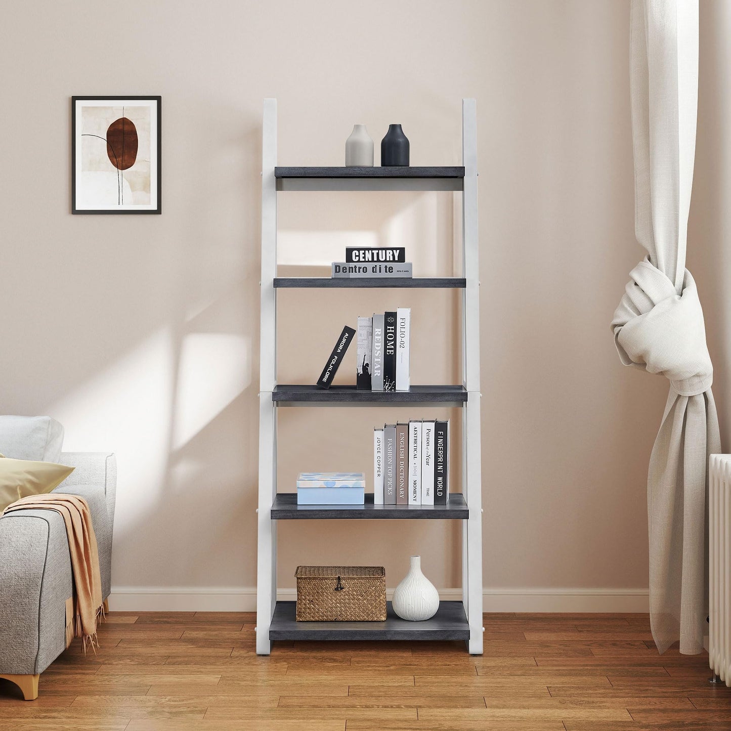 agnixnaf Gray Bookshelf with 4 Shelves, White Legs, Clean Lines, Ladder Bookcase, Industrial, for Office, Bedroom, Living Room, Study Room