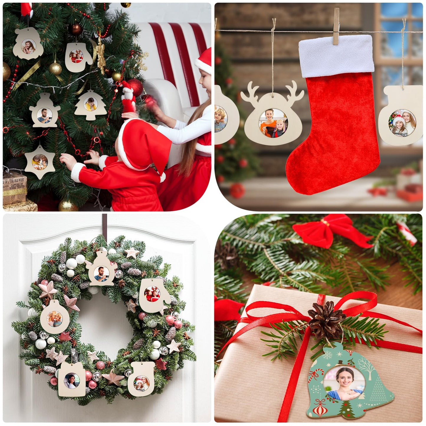 20 Pieces Christmas Wooden Photo Frame Ornaments Crafts Wood Picture Frame Ornaments Pack to Paint DIY Christmas Decor for Crafts Holiday Presents Home Tree Decoration(Cute Style)