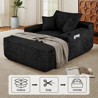 Rovibek 65" Chaise Lounge Chair Indoor, Oversized Boneless Chair for Living Room, Sofa Sleeper Chair with Cup Holders & Throw Pillows No Assembly Required, Black